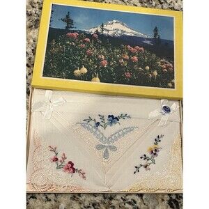 Vtg NIB Handkerchiefs Mount Hood Set of 3 Boxed Embroidered Lace Details